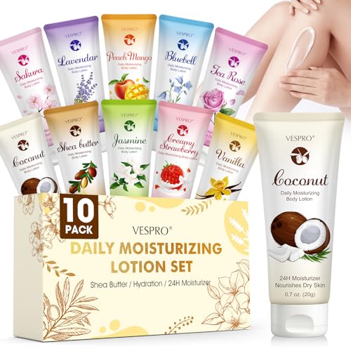 VESPRO 10 Pack Moisture Lotion Set for Dry Skin Travel Size Body & Hand Lotion for Women Mini Body Lotion with Shea Butter Bulk Gift for Women Graduation Gifts Teacher Gift Thank You Gifts
