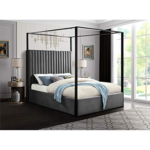 Meridian Furniture JaxGrey-K Jax Collection Modern | Contemporary Velvet Upholstered King Bed, Grey Velvet, Deep Channel Tufting, Matte Black Steel Canopy, 82" W x 86.5" D x 78.5" H, Grey, King