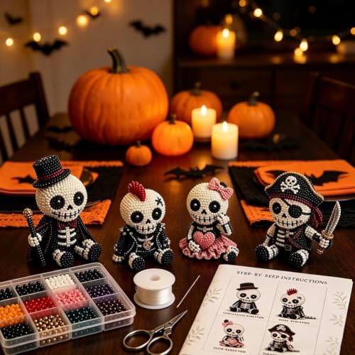 Tiny 3D Beaded Skull DIY Kit for Adults Beginners – Cute Handmade Skeleton DIY Craft Set, 4 Skull Designs, Beading Embroidery Kits,Creative Stress Relief Home Desk Decor Gifts for Beginners(Colorful) - Image 5