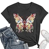 Butterfly T-Shirts for Women - Butterfly and Flowers Print Casual Short Sleeve Top for Insect Lovers