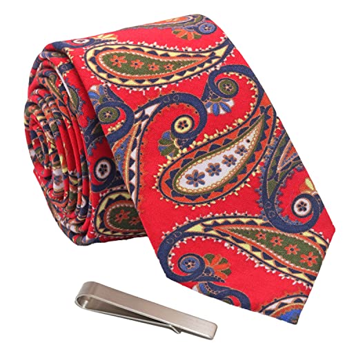 Image of Men's Skinny Tie Floral Cotton Necktie and Tie Bar Clip Sets, Great for Weddings,Groom,Groomsmen