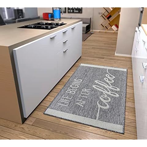 HANSE Home Life Begins After Coffee Küchenteppich - Küchenläufer Läufer Teppich mit Schriftzug, rutschfest Pflegeleicht Robust, ÖKO-TEX Teppichläufer für Küche, Flur Cover