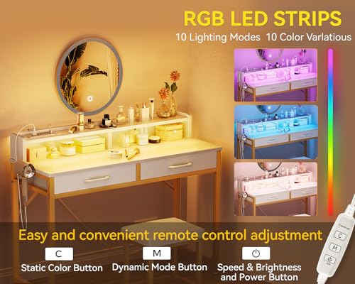 Image of AODK Vanity Desk with LED Lights, White Small Makeup Table for Small Space with 2 Fabric Drawers, Desk Make Up Vanity for Girls