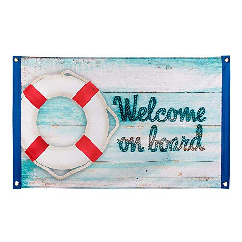 Boland 44382 - Dekorationsfahne Welcome on Board, Größe 60 x 90 cm, Rettungsring, Willkommen an Bord, Maritim, Navy, Flagge, Polyester, Banner, Wanddekoration, Mottoparty, Schiffstaufe