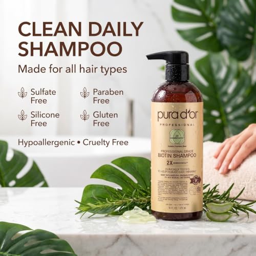 Image of PURA D'OR Clinically Formulated Biotin Shampoo - Daily Hair Care Routine For Thinning Hair - 2X Concentrated 17+ Key Herbal Blend Hair Thickening Products For Women & Men, Botanical Zen Scent 16 Fl Oz
