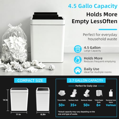 Image of 4.5 Gallon Slim Bathroom Touchless Trash Can, Automatic Smart Trash Can with Air-Press Bag Expander, Sensor Lid Waste Bin for Bedroom, Office & RV, White