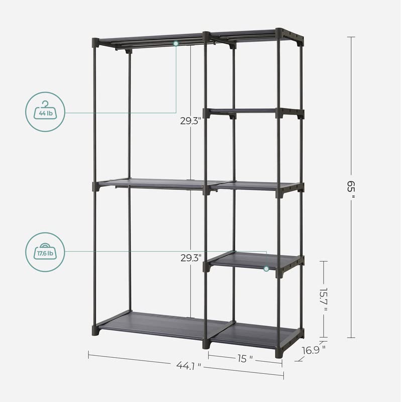 Image of SONGMICS Portable Closet, Freestanding Closet Organizer, Clothes Rack with Shelves, Hanging Rods, Storage Organizer, for Cloakroom, Bedroom, 44.1 x 16.9 x 65 Inches, Gray URYG024G02