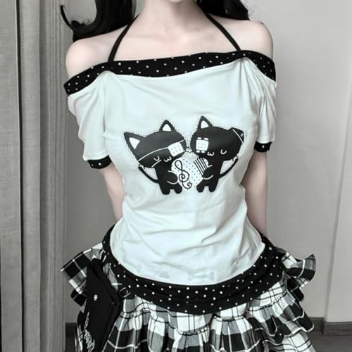 Image of Kawaii Cutecore Harajuku Y2k 2000s Tops Summer Preppy Aesthetic Alt Goth Emo Short Sleeve Graphic Tees