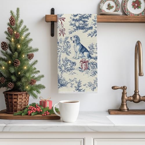 Image of Christmas Chinoiserie Dog Kitchen Towels, Vintage Beagle Dish Tea Towels for Kitchen, Blue French Holiday Decorative Hand Towel for Bathroom, 16x24 Inch