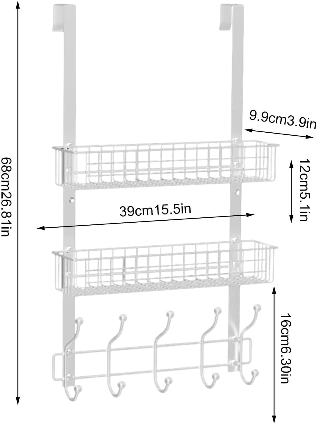 Back Door Organizer | Wardrobe with Over-Door Coat Hangers & Basket | Laundry Organization – Perfect for Bedrooms, Living Rooms, Kitchens, Offices, Bathrooms,DREI Schichten Von Weiß