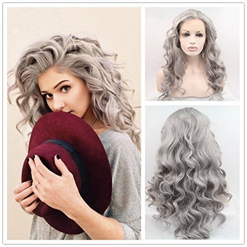 Xiweiya Heat Resistant Fiber Wigs13x4 Lace Platinum Grey Synthetic Lace Front Wig Long Loose Curly Silver Light Grey Hair for Women Drag Queen Halloween Cosplay Wig