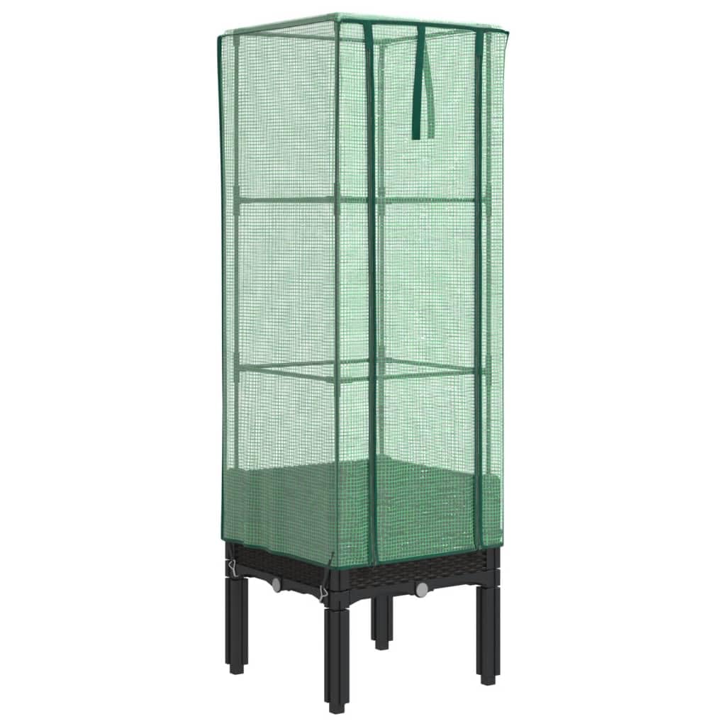 Bancal alto con accesorio para invernadero, aspecto de ratán, 40 x 40 x 140 cm, marco de hierro resistente y cubierta de polietileno, diseño moderno para balcón, jardín, terraza, hierbas