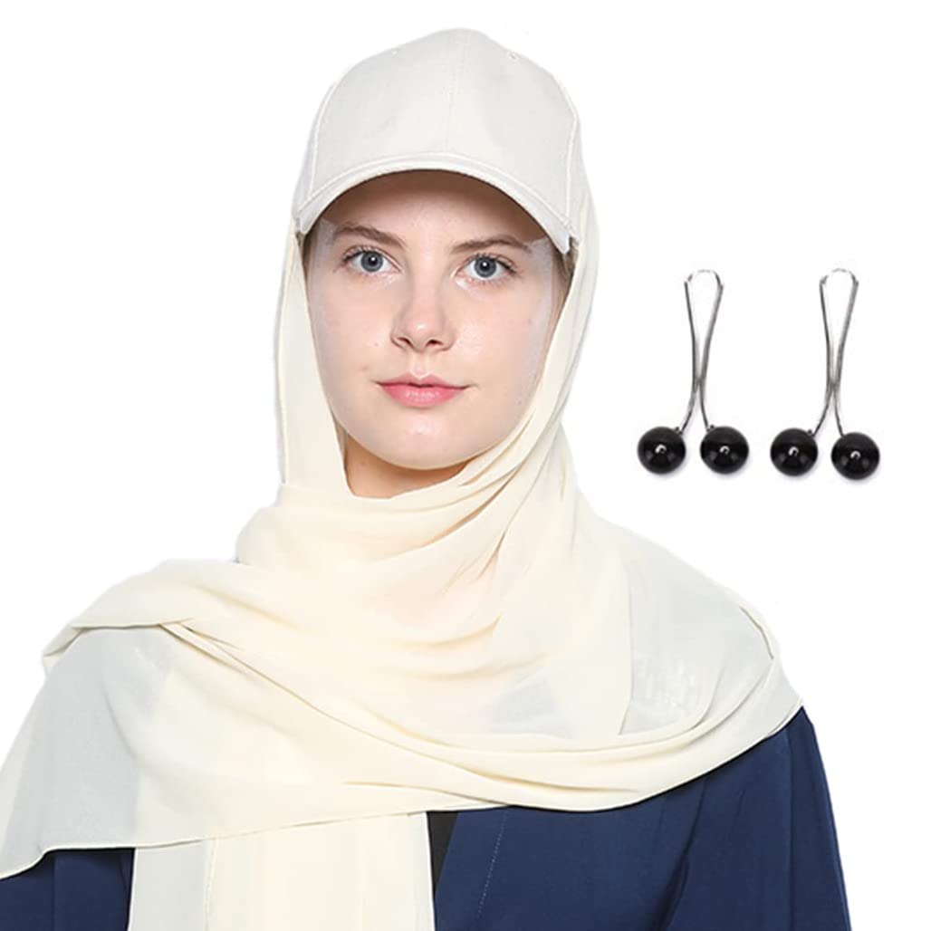 Goodern Women Muslim Hijab - Solid Color Cap With Long Bubble Chiffon Scarf, Adjustable Baseball Hat & Shawl All in One With Pearl Pins