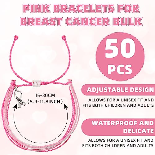 50 Pcs Breast Cancer Awareness Bracelet Pink Ribbon Braided Bracelets with Pendant Adjustable Breast Cancer Gifts Accessories2