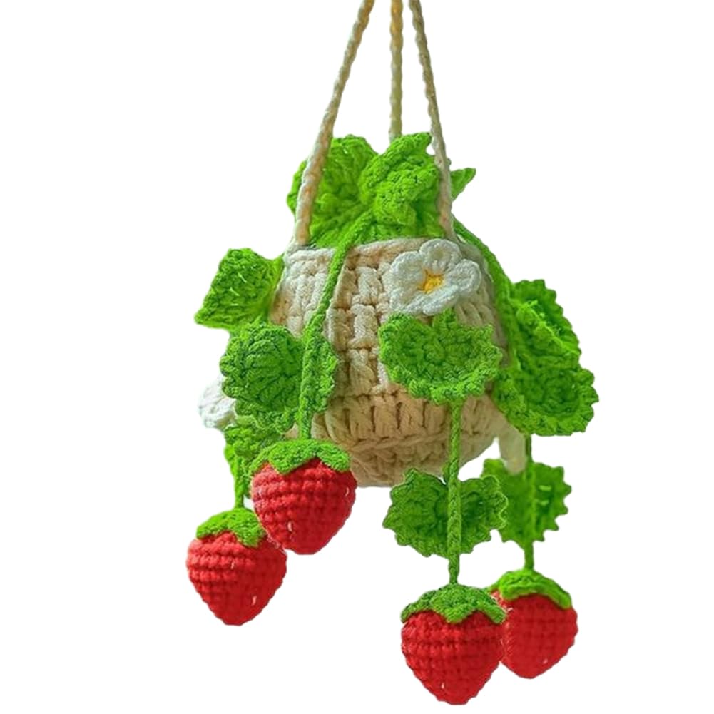 yasoe Car Plant Crochet Hanging Basket, Strawberry Plant Pendant, Car Rearview Mirror Ornament Pendant Fluorescent Green