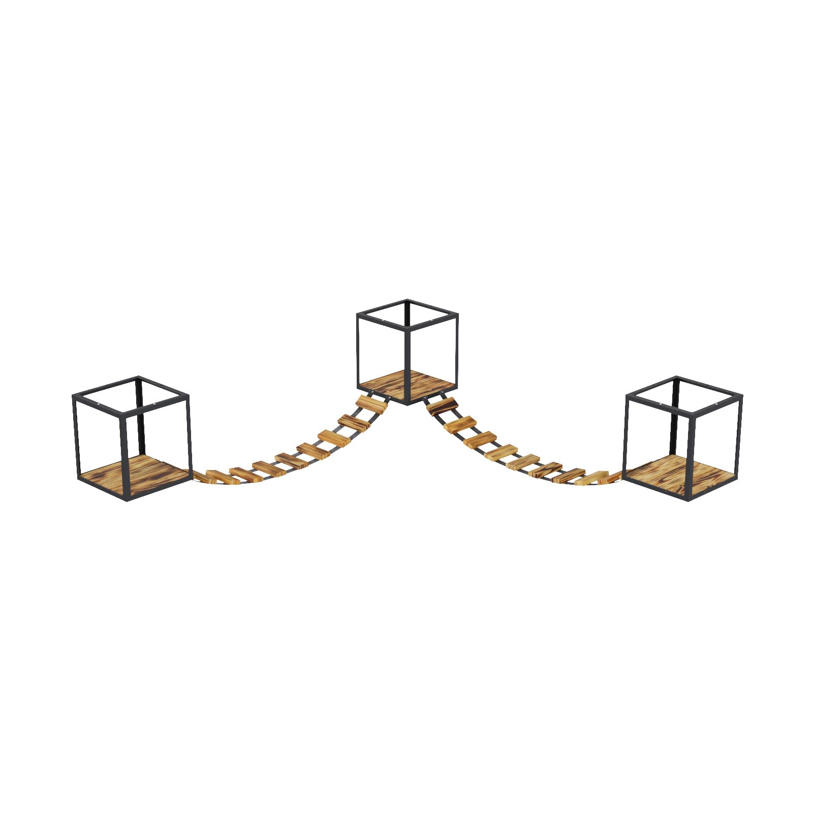 QLS Set arrampicata gatti legno/acciaio da soffitto loft | Con 2 ponti e 3 lettini per arrampicarsi, osservare e riposare, combinabile ed espandibile