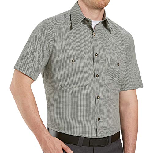 Red Kap Men's Micro-Check Uniform Shirt, Khaki/Black Check, Short Sleeve X-Large