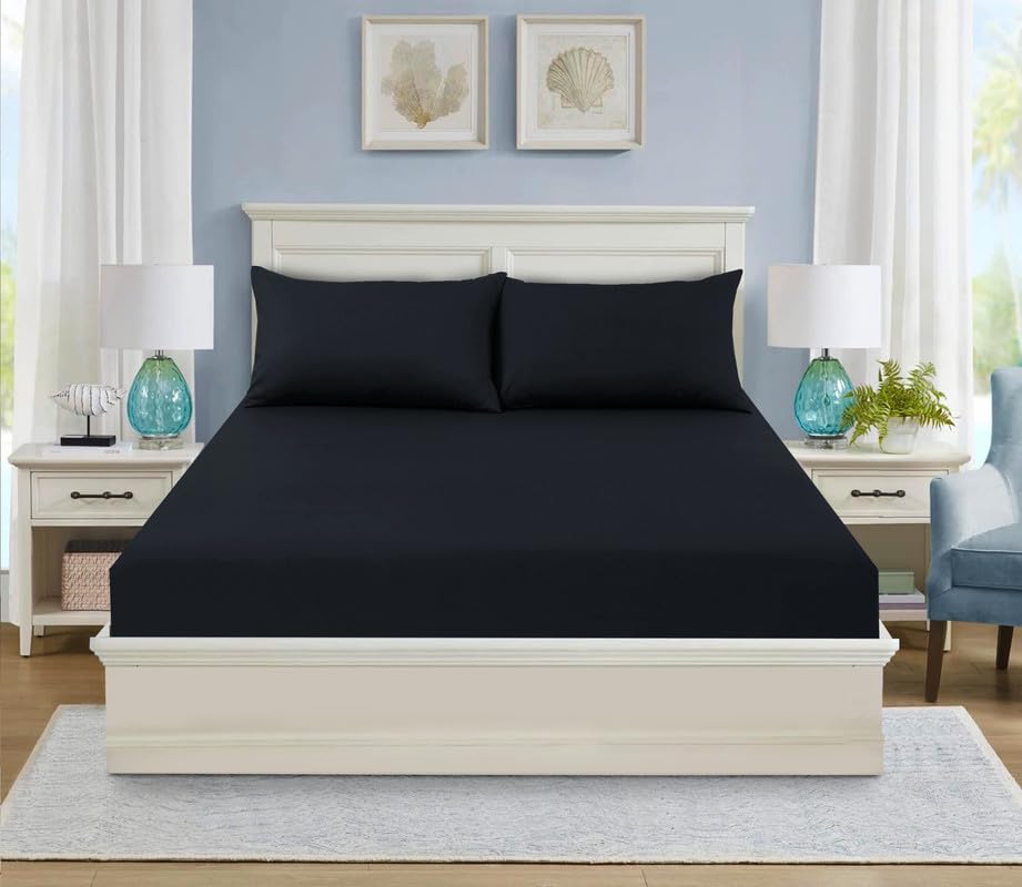 WEAVERS: 3 Pcs Luxury Polycotton 25cm Deep Fitted Sheet with Pillowcase Pair (Size Double, Colour Black) โ image 1