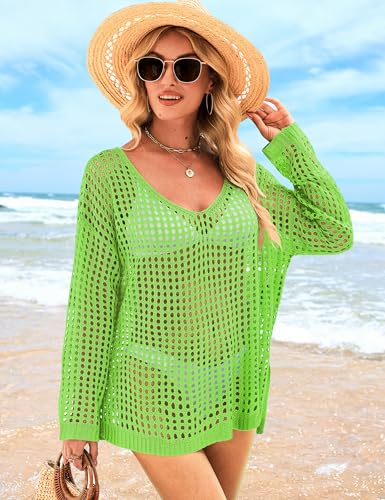 Image of Womens Summer Tops Crochet Sweaters Swimsuit Cover Ups Hollow Out Loose Lightweight Beach Knit Pullover