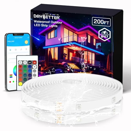 Outdoor LED Strip Lights Waterproof 200ft, IP67 Waterproof LED Light Strips with Remote, Music Sync APP Control, RGB Color Changing LED Lights for Roof, Balcony, Deck, Pool, Patio, Outdoor Decorations
