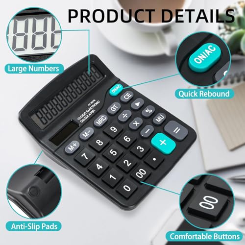 Pavlleen 2er-Pack Taschenrechner, Tischrechner 12 Ziffern mit großem LCD-Display und empfindlicher Taste, Dual-Power (Solar und Batterie), für Büro, Zuhause und Schule, Tischtaschenrechner Schwarz