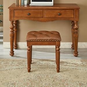 Vanity bench stool with leather cushion vanity chair with solid wood carving legs for bedroom makeup room living room easy assembly brown  urban country home decor