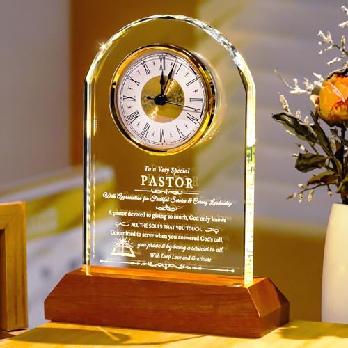 Image of Ornalrist Pastor Appreciation Gifts for Men Women Glass Clock for Best Pastor with Wooden LED Light Base Religious Thank You Keepsake for Pastors on Christmas Retirement Birthday Home Office Decor