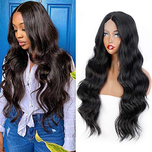 Vigorous Black Long Wavy Wig Synthetic Fiber Material for Women Black Wavy Wig with Middle Part Natural Hairline for Daily Use