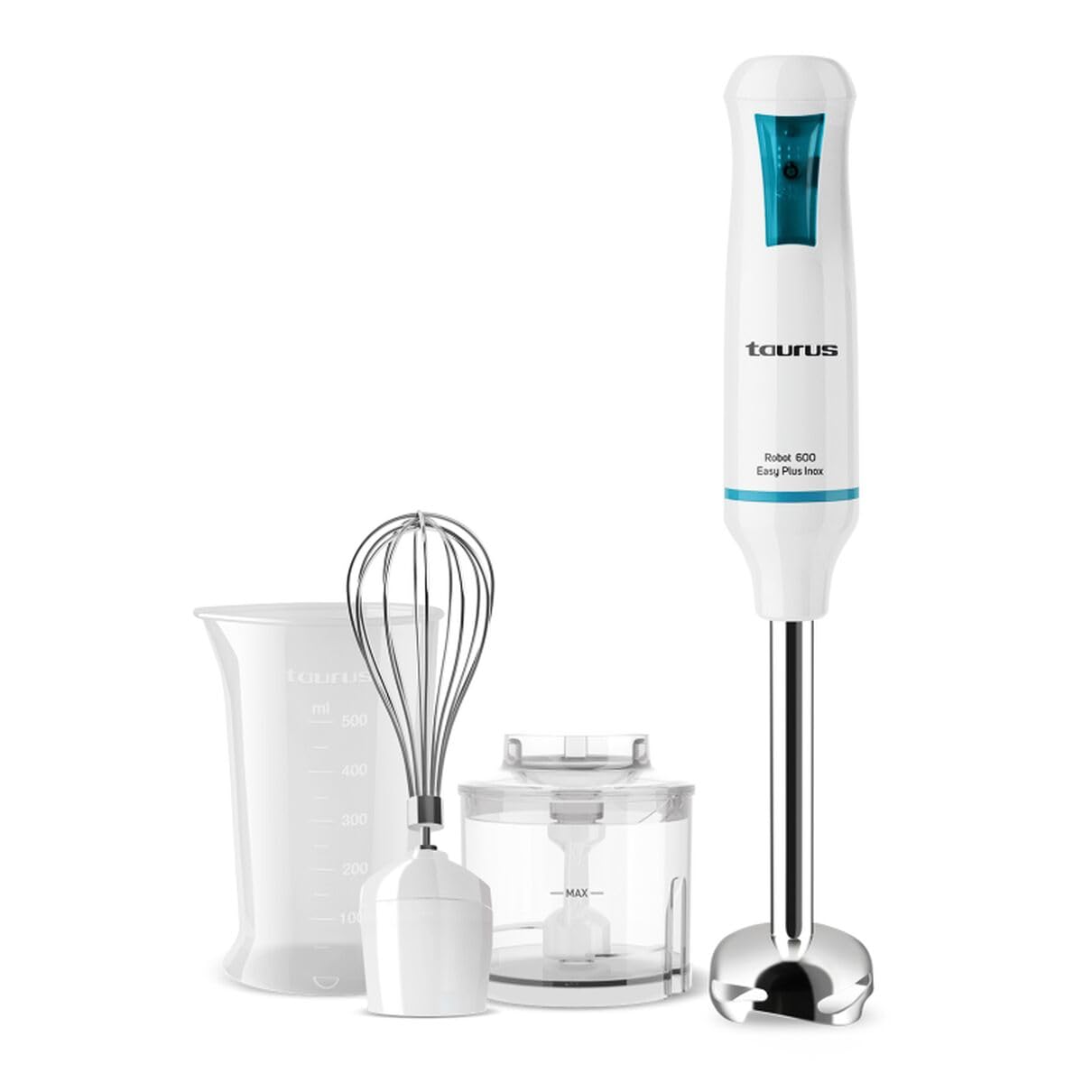 Taurus Robot 600 Easy Plus Inox - Batidora de mano, cuchillas de acero inoxidable de alto rendimiento, Turbo Rotation System, una velocidad, vaso medidor de 500ml, varilla emulsionadora, picador