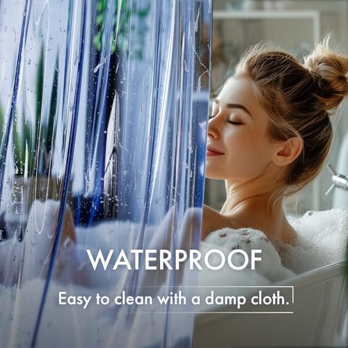 Image of AmazerBath No Hook Shower Curtain and Liner 3-in-1, Luxury Heavy Duty Clear Blue No Hook Shower Liner, 72x75 100% EVA Hookless Shower Curtain with 3 Heavyweight Stones