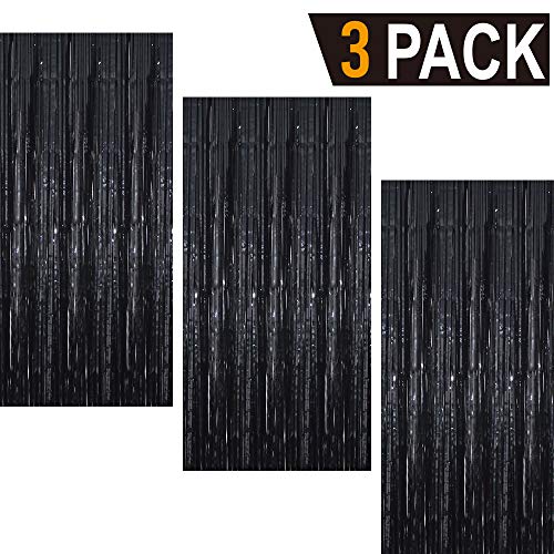 Image of GOER 3.2 ft x 9.8 ft Metallic Tinsel Foil Fringe Curtains Party Photo Backdrop Party Streamers for Halloween,Birthday,Graduation,New Year Eve Decorations Wedding Decor (3 Packs,Black)