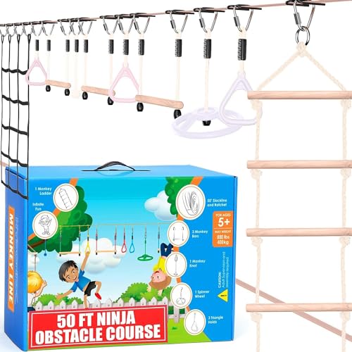 Ninja Warrior Obstacle Course for Kids - 2 x 50 ft Slacklines & 10 Obstacles
