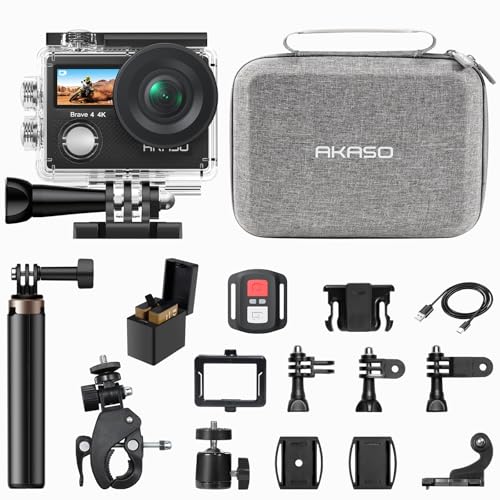 Image of AKASO Brave 4 Action Camera with Selfie Stick Tripod and Carrying Case Bundle - 4K30 20MP Ultra Hd EIS 131ft Underwater Camera 5xZoom Dual Screen with Helmet and Bicycle Accessories Kit