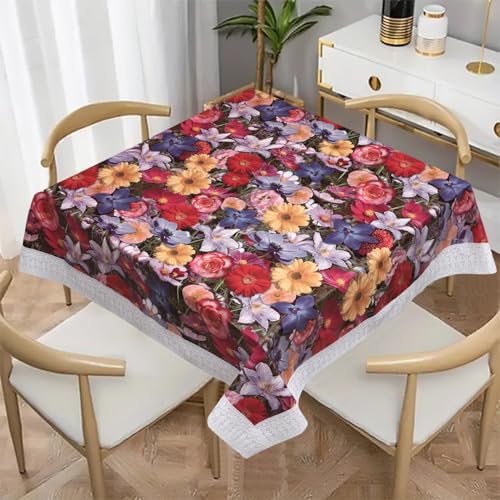 Image of Dakshya Industries PVC Waterproof Square Table Cover 48x48 Inch for 4 Seater Dining Table | Floral Printed Oilproof Stain Resistant Washable Plastic Table Cover, Math