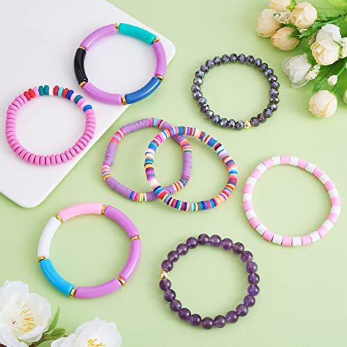 8Pcs Heishi Surfer Bracelet Set - Stackable Preppy Bracelet Acrylic Bamboo Tube Bracelet Synthetic Imperial Jasper & Glass Bead Stretch Bracelets Aesthetic Boho Jewelry2