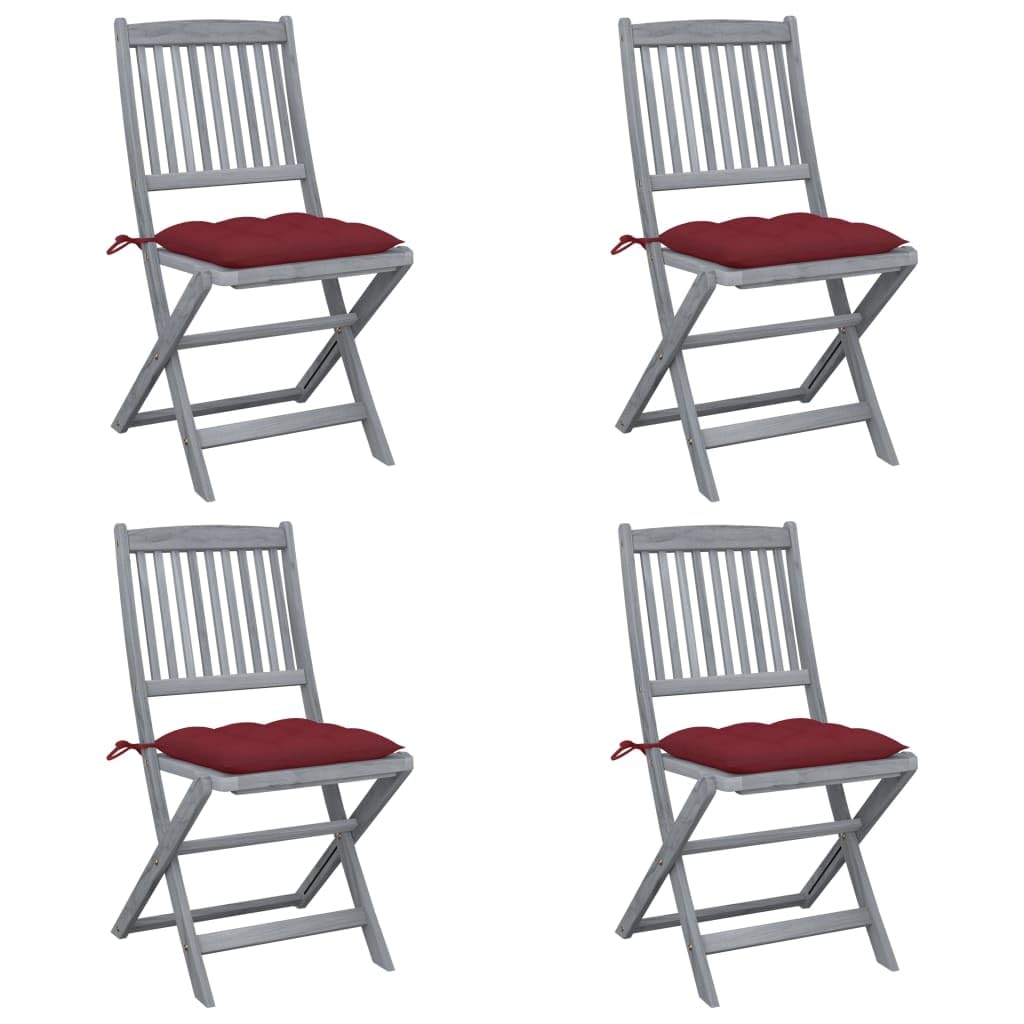 SKM Sillas de jardín Plegables 4 uds Cojines Madera Maciza Acacia,Mobiliario,Muebles de jardín,Asientos de Exterior,Sillas de jardín,Rojo,20.8 kg,3064587