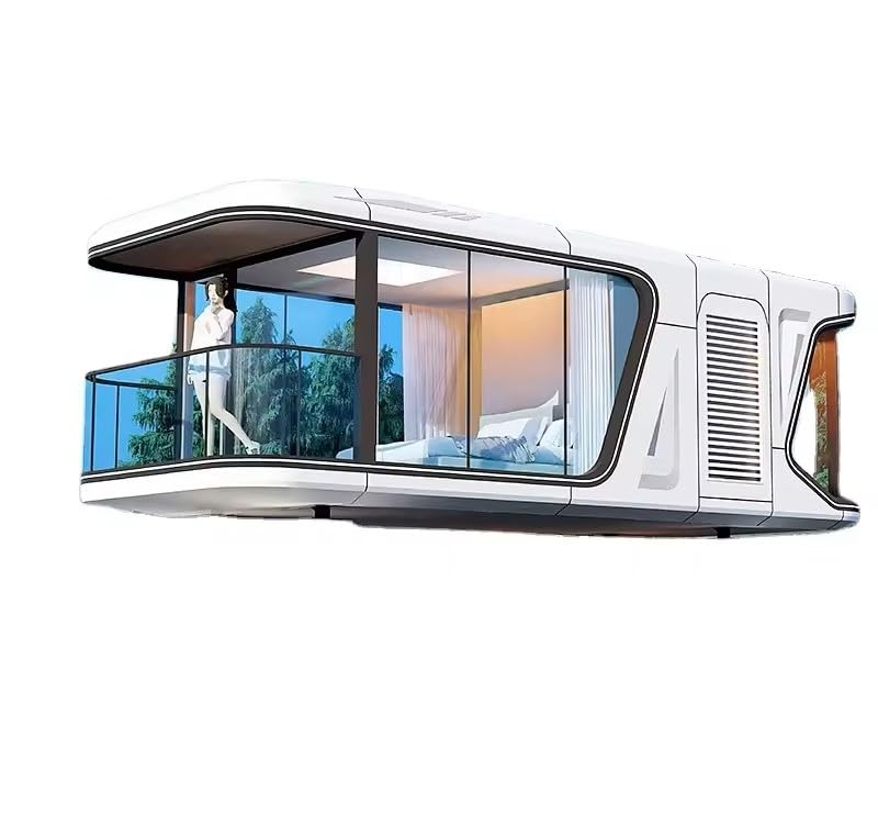 Generic Prefabricated Tiny Home with Balcony, Spacious Interior, Smart Systems, AC, and Red Finish