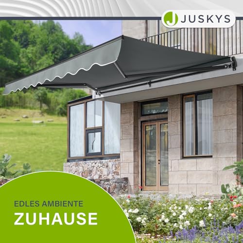 Juskys® Gelenkarmmarkise 350 x 300 cm, UV40+ & wasserabweisend, mit Kurbel & Wandhalterung Länge + Winkel einstellbar, Markise für Terrasse & Balkon, Sonnenschutz Balkonmarkise Gelenkmarkise, Grau