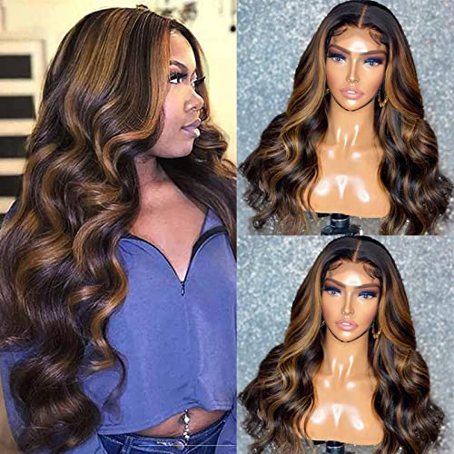 Haha Brown Highlight Lace Front Wig 4X4 Human Hair Body Wave Ombre Lace Closure Wig Pre Plucked With Baby Hair 20 Inch 150% Density Honey Blonde Highlight Wig 1Bt1B/30 #TOP1