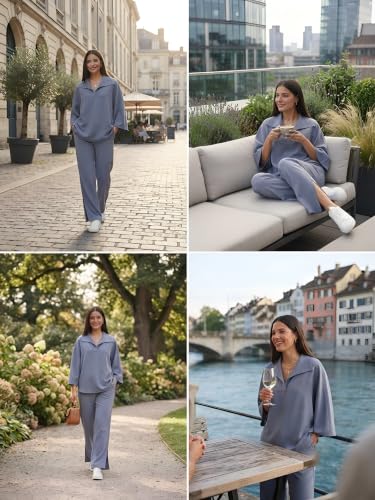 Image of GRECIILOOKS Co Ord Set for Women Stylish | Linen Chex Woman's Oversized Top and Wide Leg Pants Sets | Casual Travel Airport Outfit | Dress for Woman