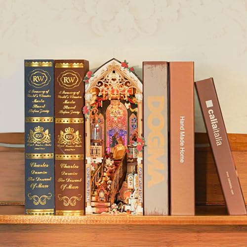 Image of Tonecheer DIY Book Nook Kit for Adults, 3D Wooden Puzzle Music Booknook Miniature Dollhouse, Fairy Tale Bookend Bookshelf Decor with Dust Cover and LED Lights Gifts (Beast‌ and Beauty)