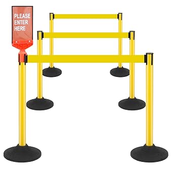 ECOSlGNS 6 Pack Stanchions with 10ft Retractable Belts - Yellow Stanchion Posts Set Crowd Control Barriers Line Dividers with Weighted Rubber Base & Sign Holders for Queue Management