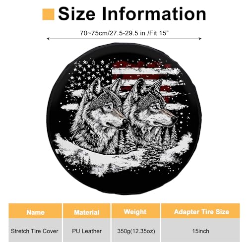 Image of Spare Tire Cover for RV Trailer, PU Leather Tire Cover Waterproof Sun Protection with USA Flag & Wolf Design, Fit for Trailers, RV, SUV, Off-Road Vehicle, Camper, and Trucks (15 inch)