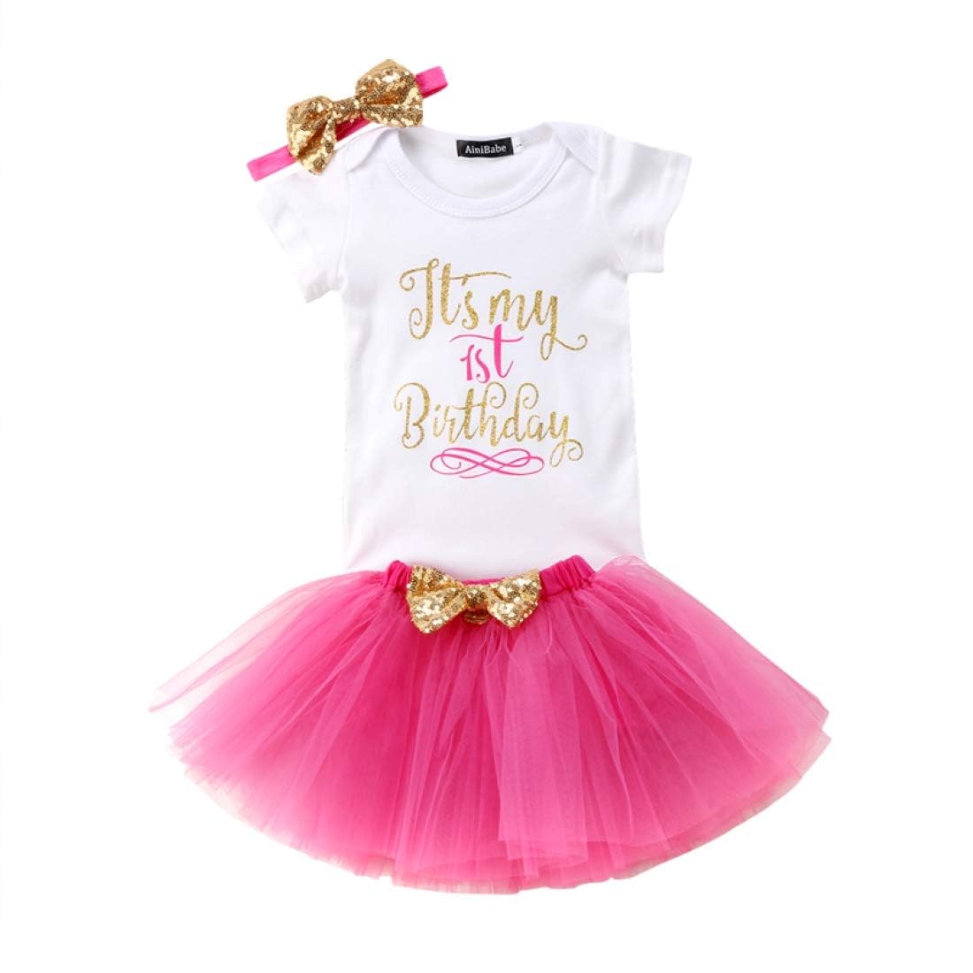 Rootstogrow It's my First 1st Birthday Outfit Set, White Onesie with Gold Glitter Print, Pink Tutu Skirt, Gold Bow Headband, 3 Pieces