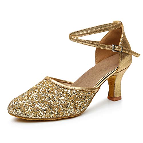 iCKER GetMine Womens Latin Dance Shoes Heeled Ballroom Salsa Tango Party Sequin Dance Shoes Gold 9