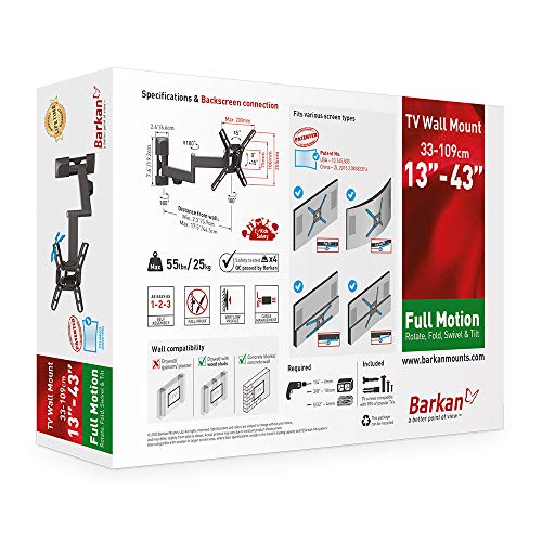 Barkan Tv Wall Mount, 13 - 43 Inch Full Motion Articulating - 4 Movement Flat / Curved Screen Bracket, Holds Up To 55 Lbs, Patented, Ul Listed, Fits Led Oled Lcd, Black (2400.B) #TOP6