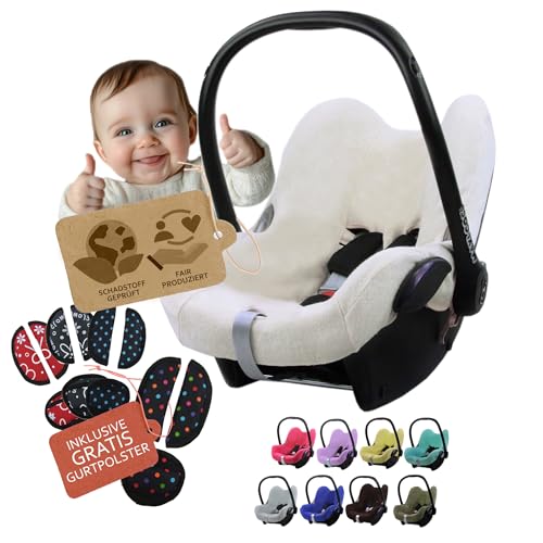 Funda de verano de rizo para asiento de coche compatible con Maxi Cosi Cabrio Fix + acolchado para cinturón (blanco + GP)