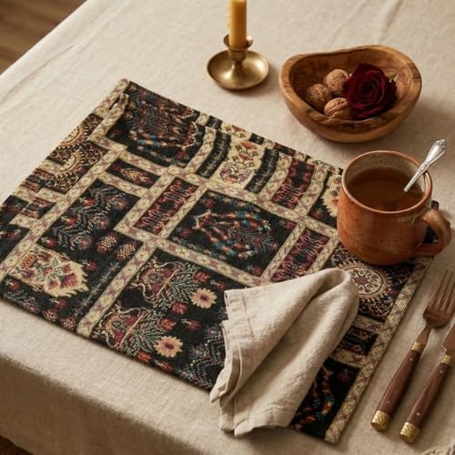 DaDa Bedding Turkish Batik Mughal Floral Tapestry Set of 4 Placemats - Woven Cotton Linen Kitchen Dining Table Mats - Multi-Colorful Black Vintage Indian Garden Ornament Dark Botanical - 13” x 19”