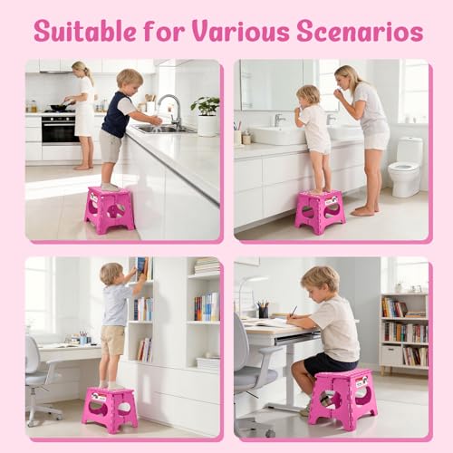 Image of ACSTEP Folding Step Stool 11 Inch, Sturdy Plastic Foldable Step Stool for Kids & Adults, Non Slip Lightweight Collapsible Foot Stools Holds 300 lbs, Ideal for Kitchen, Bathroom, Bedroom, Rose red