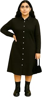 فستان قميص باكمام طويلة وازرار امامية للنساء، اسود، ياقة كلاسيكية، مقاس كبير، نمط عمل كاجوال